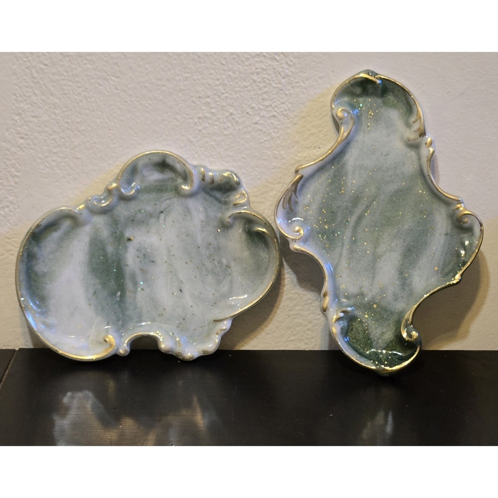 Handmade Resin Trinket Dish Set Marbled Green Gold Star Glitter Jewelry Trays